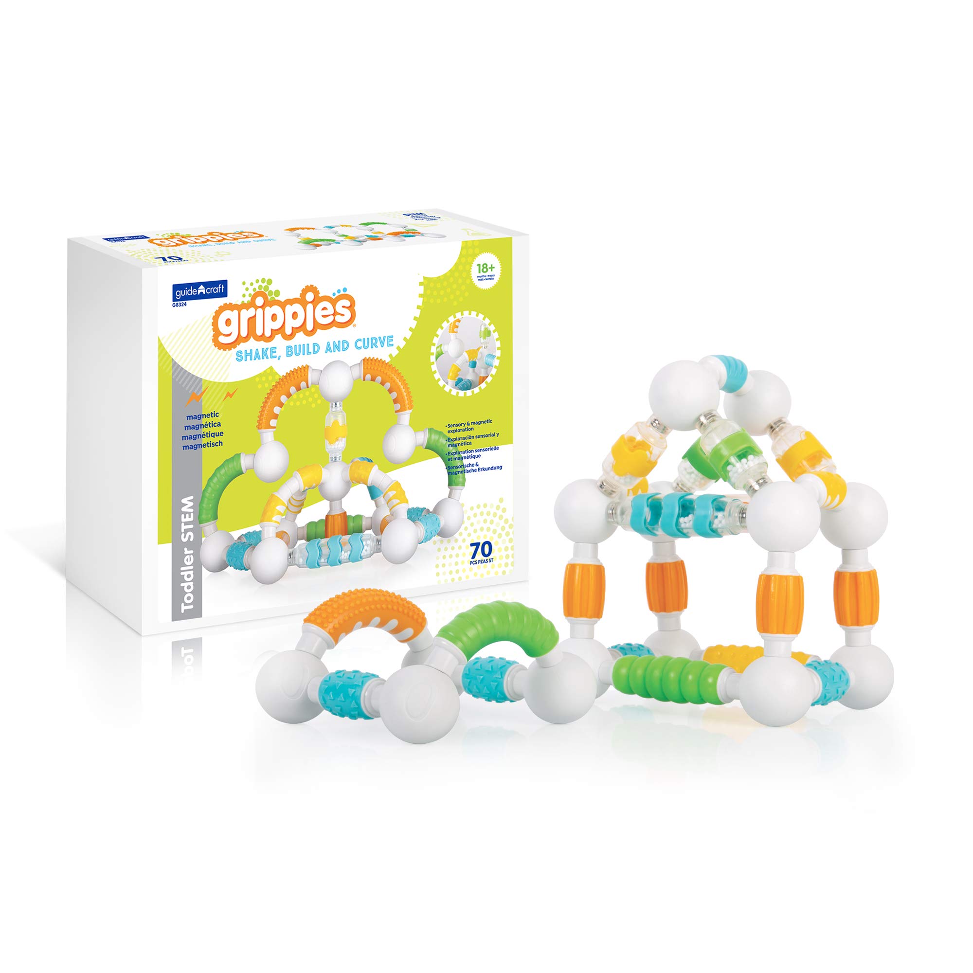Guidecraft Grippies Shake, Build and Curve - 70 Piece Set: Magnetic STEM Learning Toys, Fun Educational Building Set for Toddlers