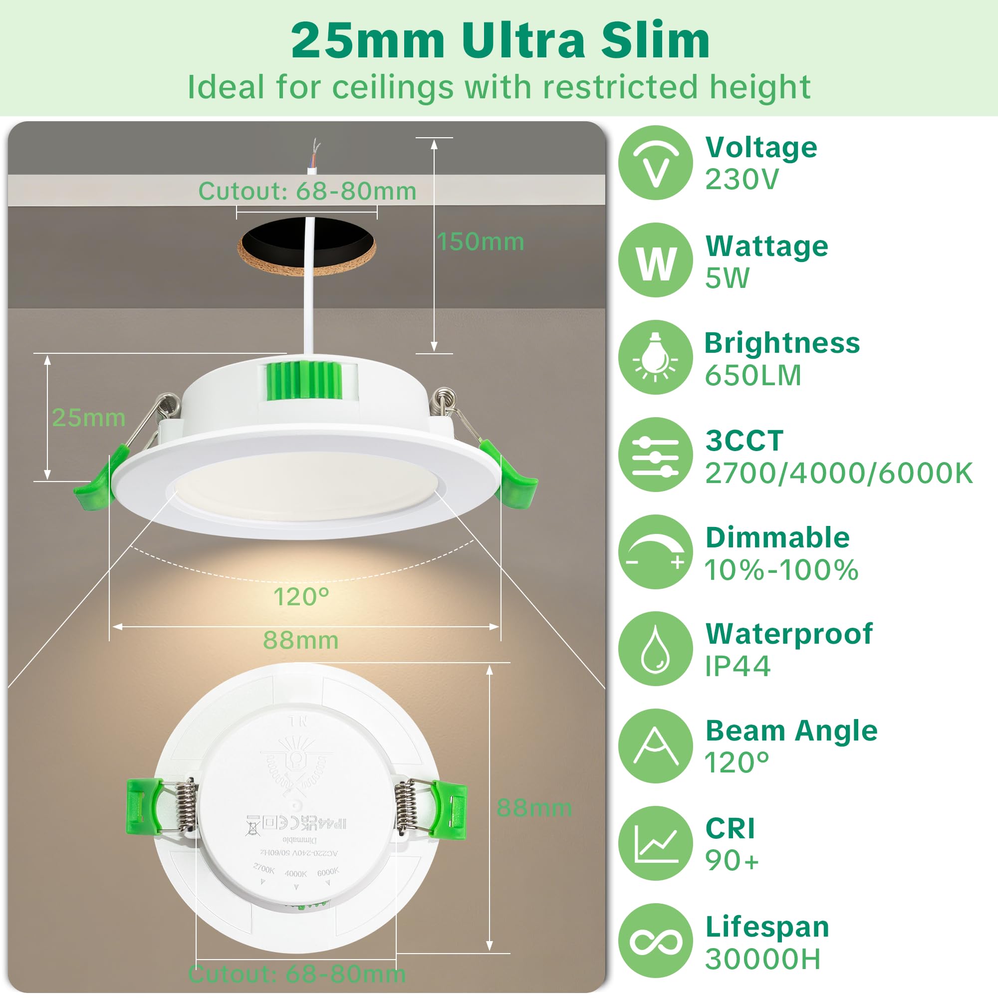 LED Einbaustrahler 230V Flach Dimmbar, 68-80mm Lochmaß 5W 650LM LED Spots, 2700K/4000K/6000K Einbauleuchten Einbauspots, IP44 Spots Deckenleuchte für Bad Küche, Deckenspots Weiß 6er Set
