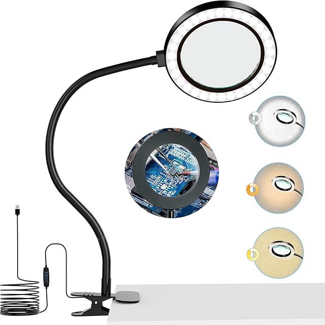 8X Magnifying Lamp Dimmable Magnifying Glass with Light and Stand, 3 Adjustable Colour Modes/10 Brightness Levels Magnifier Lamp with Metal Clamp For Electronic Repair & Reading