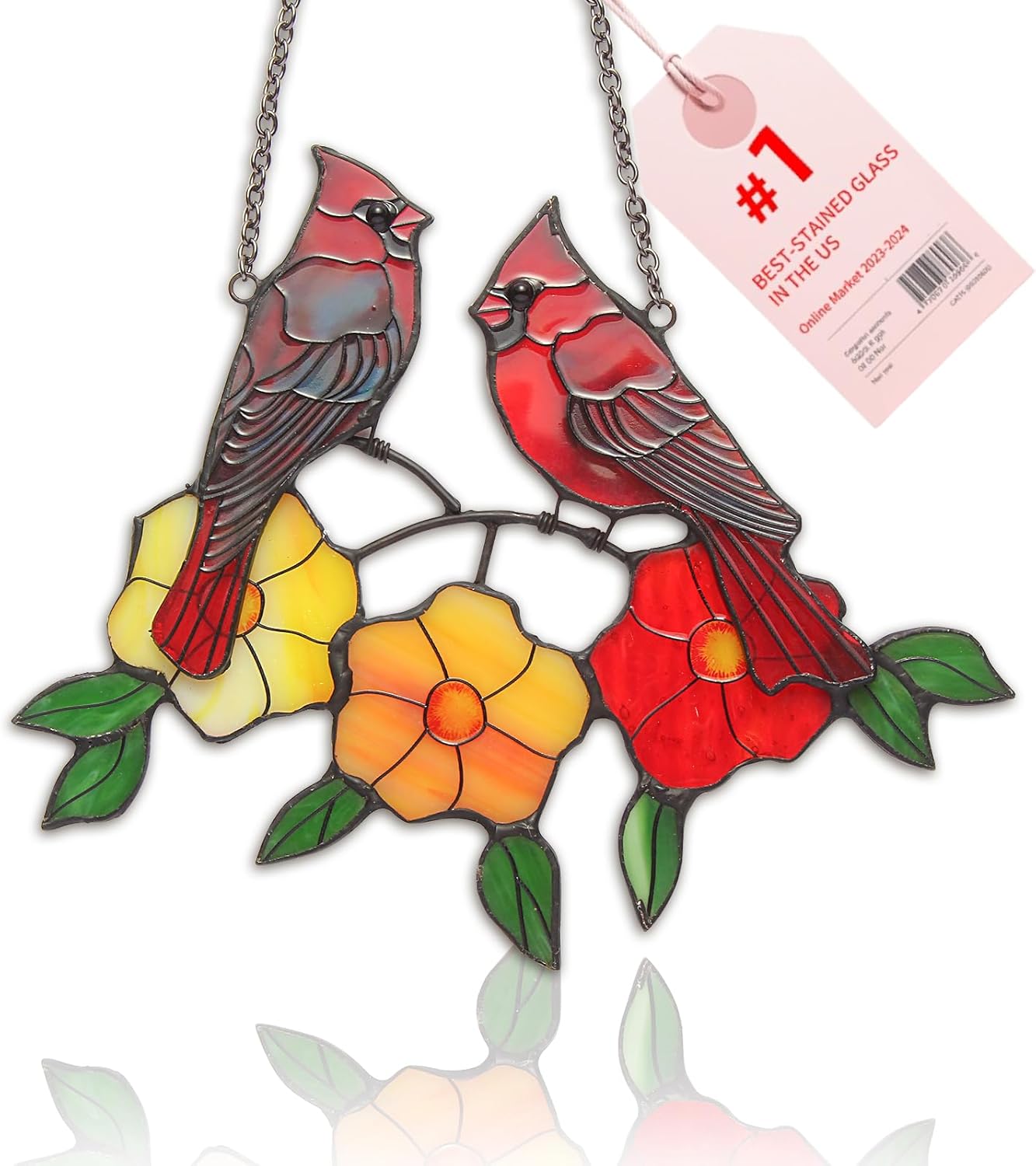 Stained Glass Cardinal Suncatcher for Windows - Memorial Gifts for Women, Christmas Decor, Bird Lovers | Handmade Red Cardinals with Flowers & Branch Design (H 6.4xW 7 in)