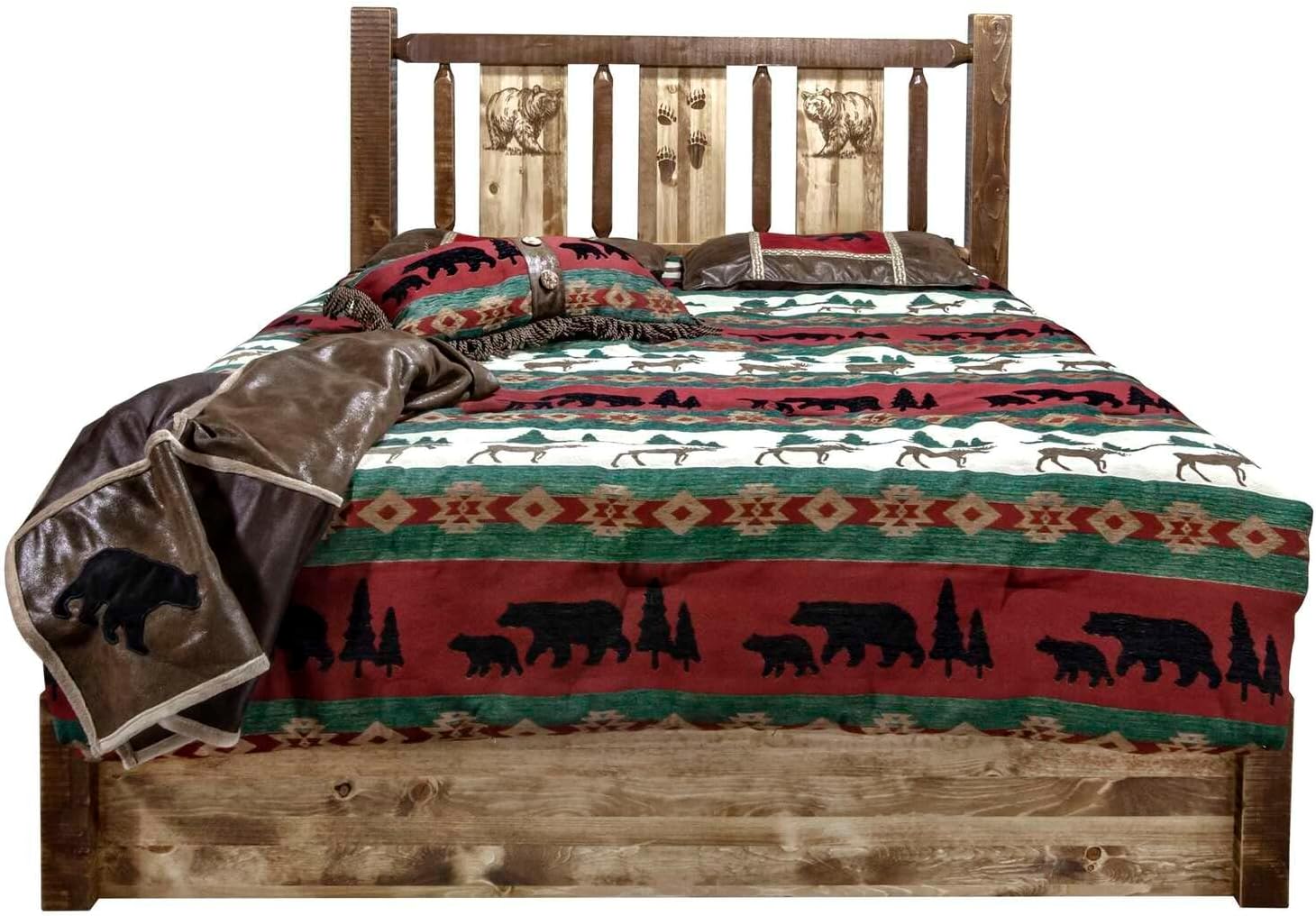 Montana Woodworks Homestead Wood Queen Platform Bed with Engraved Bear in Brown