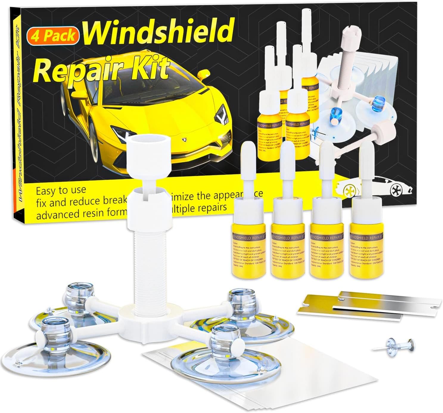Windshield Repair Kit, 4 Pack Windshield Crack Repair Kit, Upgraded Windshield Chip Repair Kit with Pressure Syringes, Car Window Crack Repair Kit