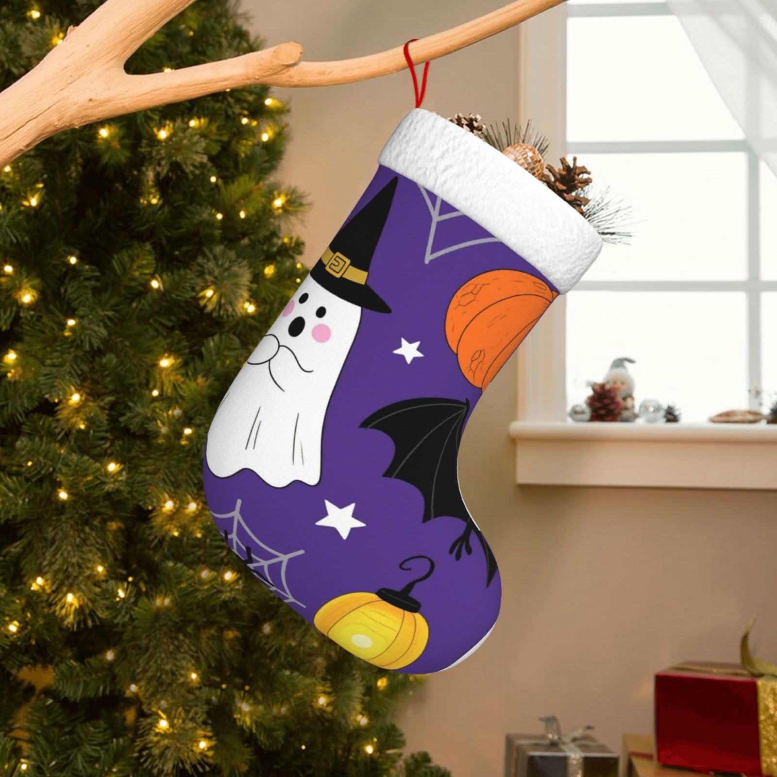 Velvet Christmas Stockings 17.7 Inch, Ghost Pumpkin Moon Bat Spider Web Xmas Stocking with Soft Cuff,Classic Personalized Christmas Tree Decoration for Family Holiday New Year Party Supplies