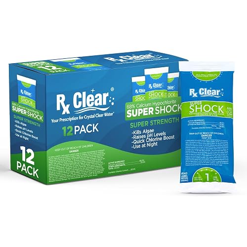 Rx Clear Super Shock for Swimming Pools | 68% Calcium Hypochlorite Shock | Chlorinator and Algaecide | Kill Pool Algae for a Crystal Clear Pool | One Pound Bags | 12 Pack