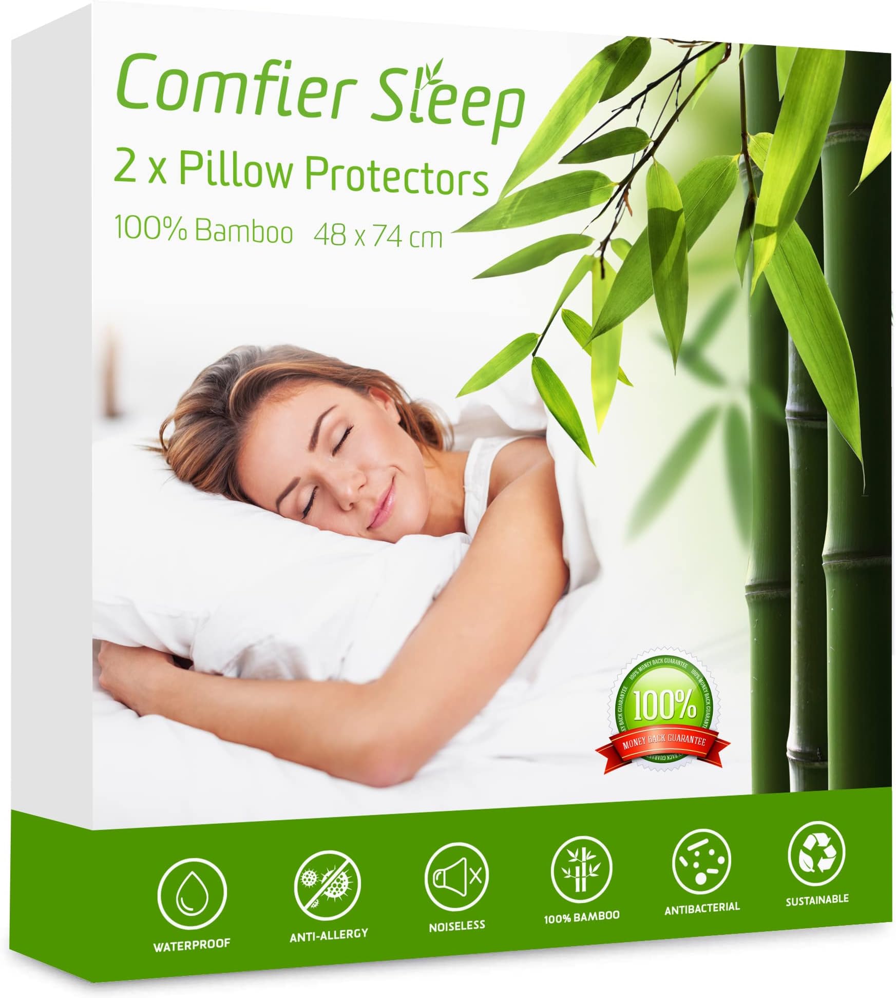 Comfier Sleep Waterproof Cushion Covers 48 x 74 cm with Zipper, Anti-Allergenic, 100% Bamboo, Pack of 2, Standard Size, 2 Pack, 48 x 74 cm