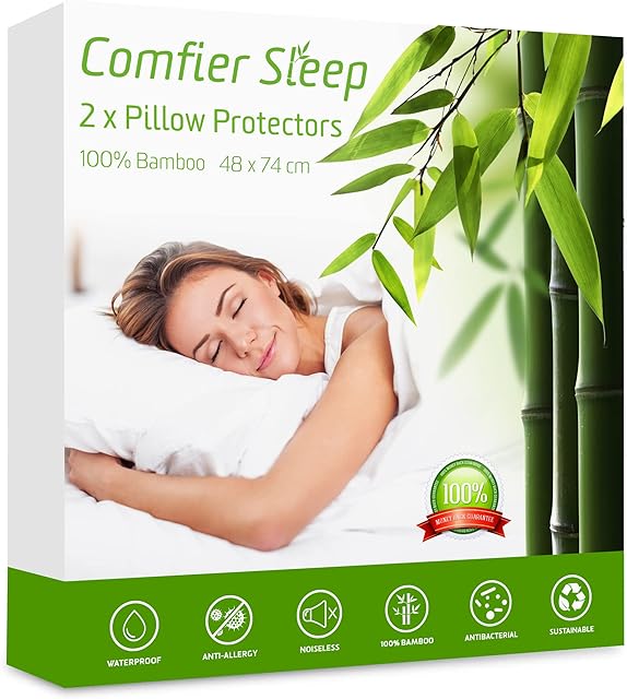 Comfier Sleep Waterproof Pillow Protectors 48x74 Anti Allergy Super Soft Pillow Protectors 2 pack, 100% bamboo Pillow Cases 2 Pack Zipped