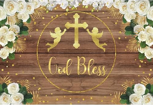 Miniatura 4 de OERJU Telón de fondo de madera de 8 x 6 pies con texto en inglés "God Bless Bautismo", tablero de madera, fondo floral, cruz, primera comunión,