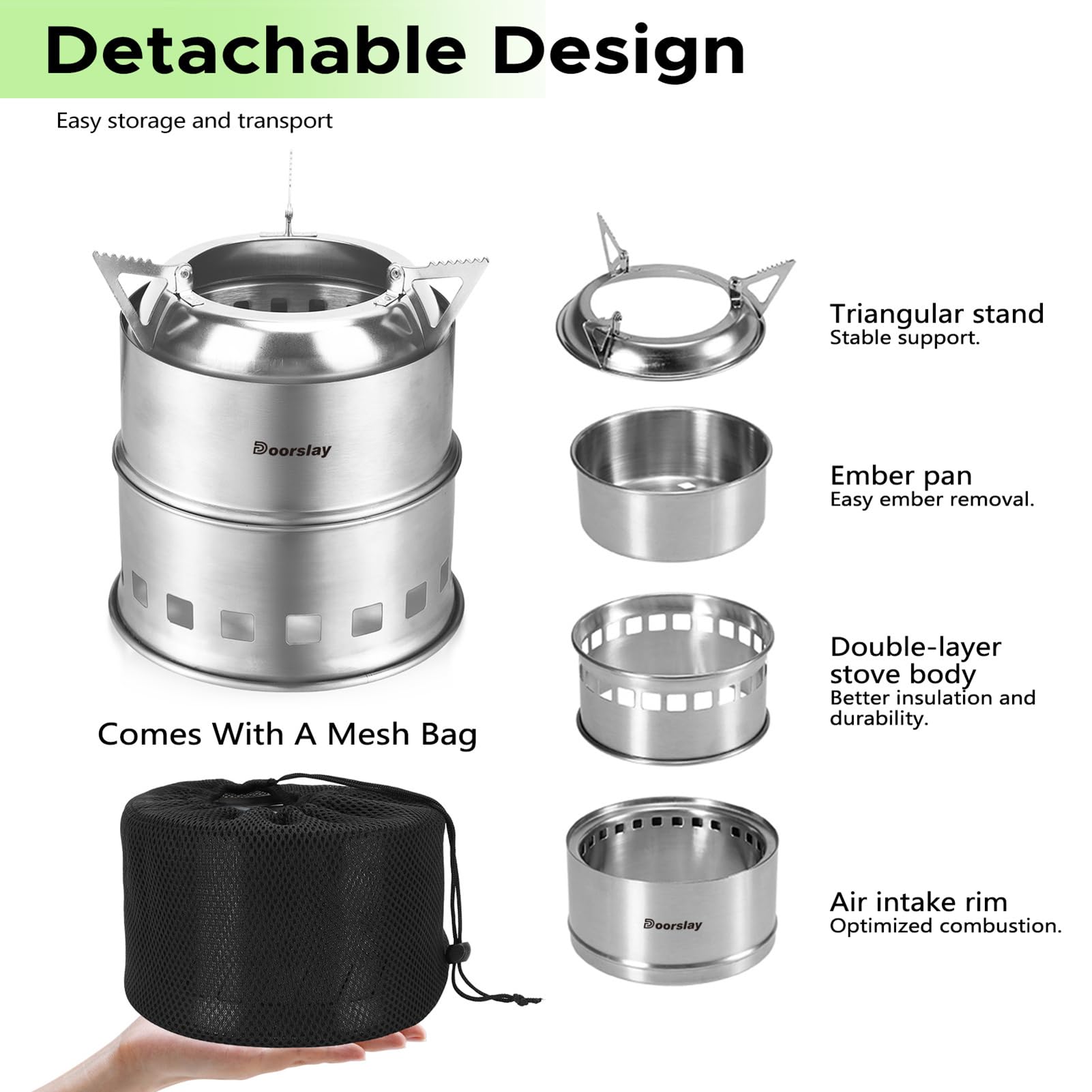 Réchaud de camping en acier inoxydable avec batterie de cuisine, poêle à bois pliable et à alcool double combustible pour 2 à 3 personnes avec casserole et poêle à frire pour randonnée