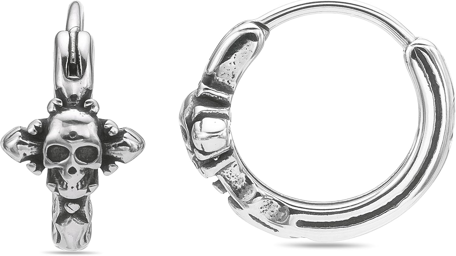 Metro Jewelry Skull Hoop Earrings for Men and Women - Stainless Steel Crossbones Earrings - Unisex Hinged Hoops - Edgy Gothic Statement Jewelry