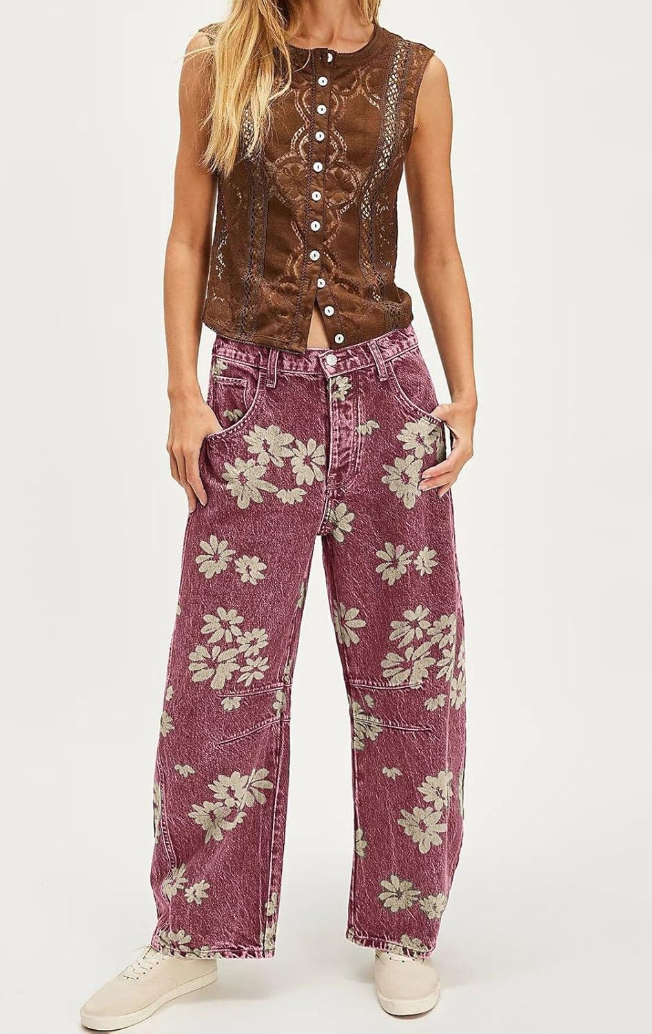 yoeasy Women's Mid Rise Baggy Barrel Jeans Floral Printed Wide Leg Y2k Boyfriend Jeans Denim Ankle Pants