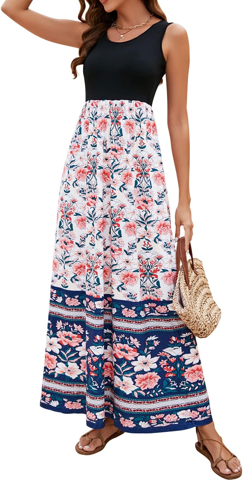 Women Boho Chevron Striped Floral Printed Summer Sleeveless Tank Long Maxi Party Dress
