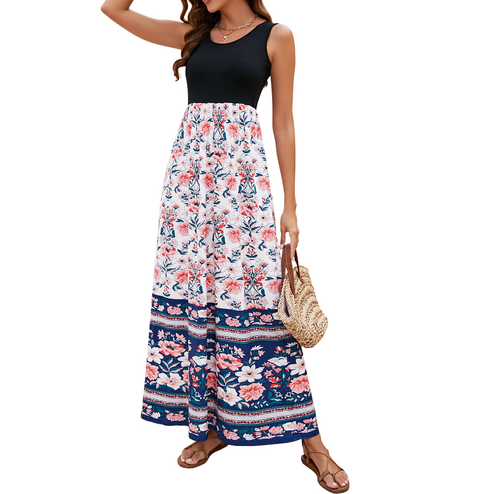 Sherosa Women Boho Chevron Striped Floral Printed Summer Sleeveless Tank Long Maxi Party Dress