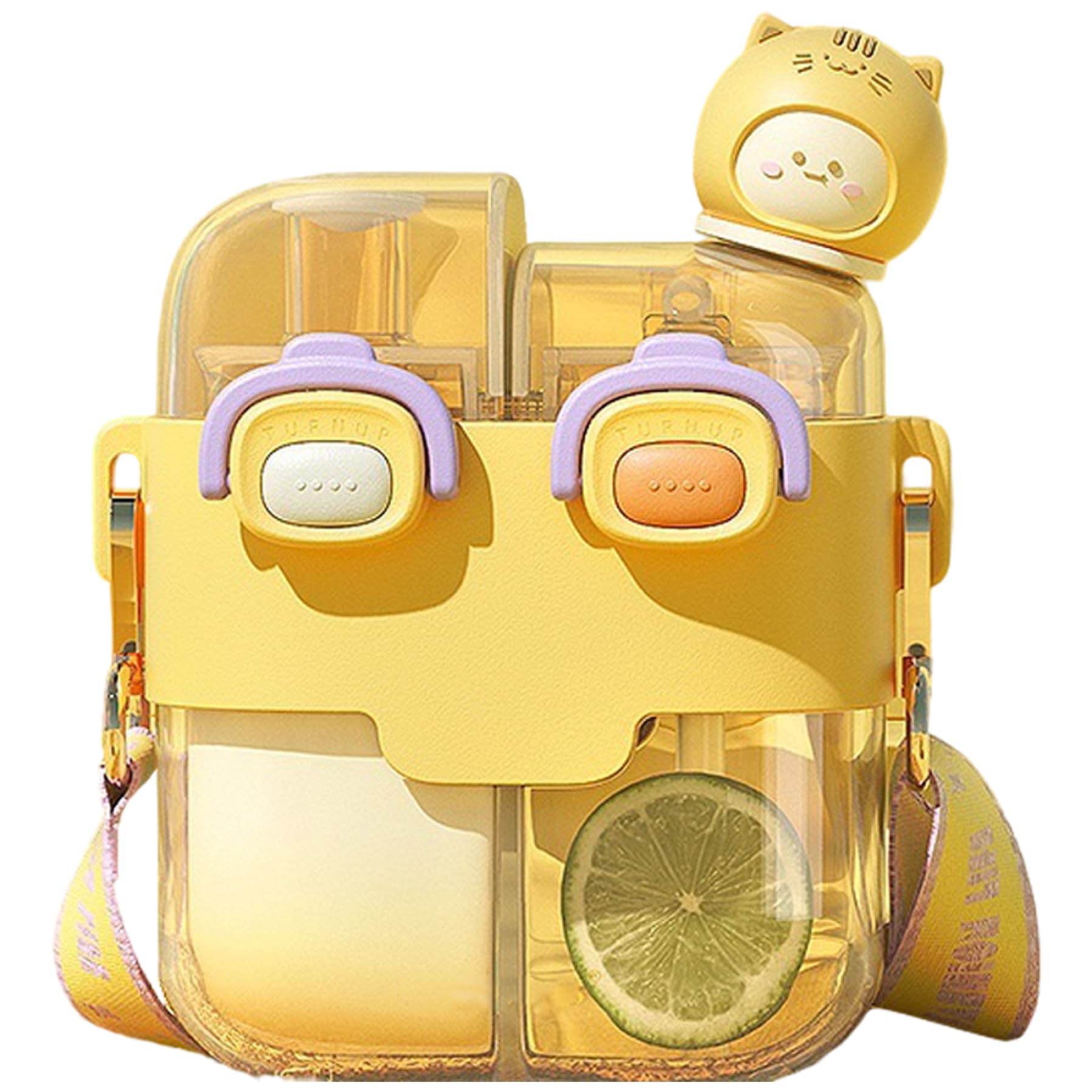 Pesoncarl Girls Yellow Kawaii Water Bottle Dual Chamber Water Bottle With Straw & Strap & Lock 530Ml Portable Leakproof For School Sport Travel, Feeding Watering Supplies
