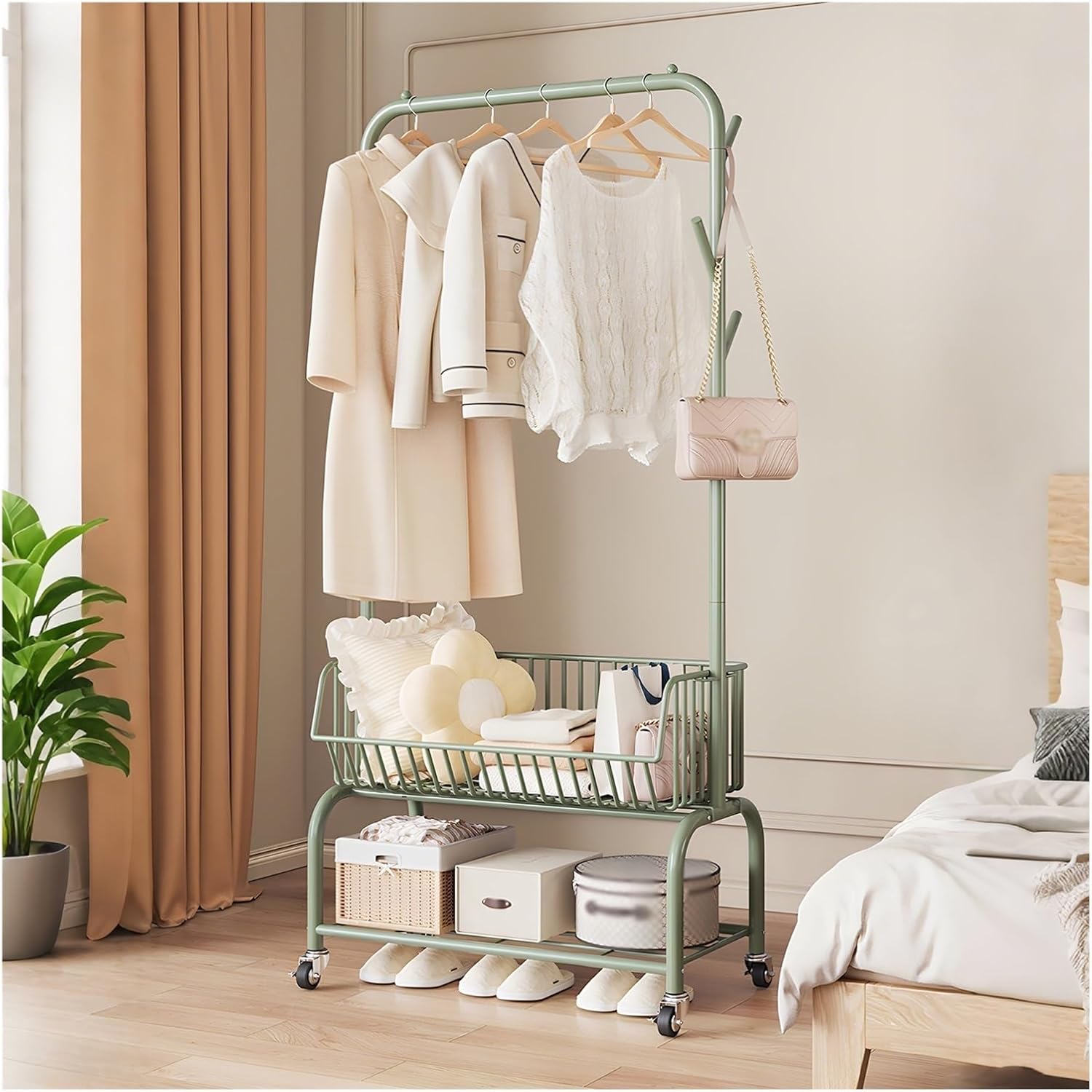 Foldable Space-Saving Clothes Rack Floor-Standing Clothes Rack Tripod,Clothes Drying Rack Tripod Portable Foldable Space Saving Laundry Drying Rack，Portable Garment Rack with Wheels and Shel