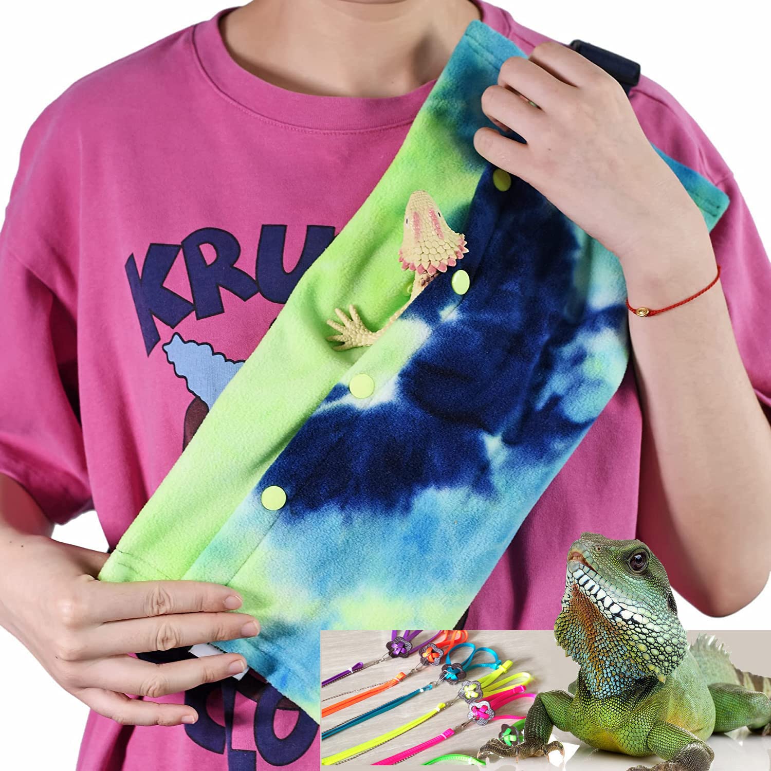 ZRZJBX Adjustable Small Animal Sling Carrier for Bearded Dragons Lizards and Small Reptile,with Chain Traction Rope,A