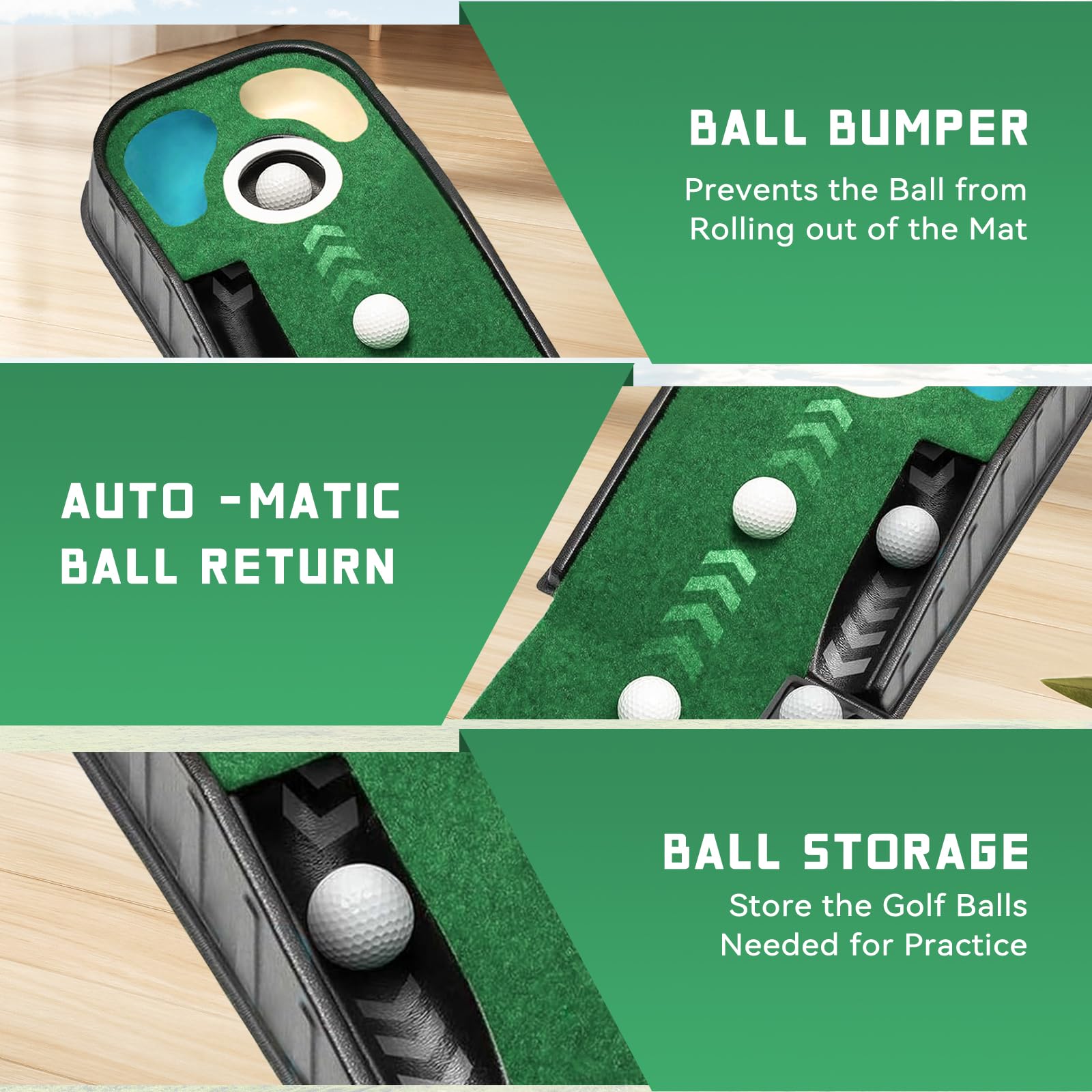 Tapis de golf d'intérieur vert avec retour automatique de balle et 3 trous, infroissable proche de la vraie vitesse verte, tapis de golf adapté pour bureau, salle de loisirs, terrasse