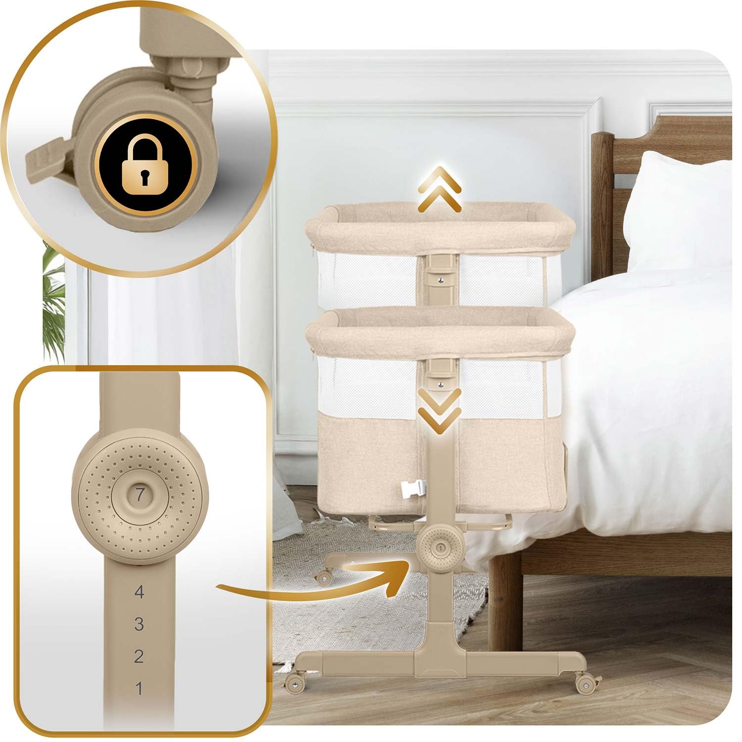 Nukido Babybett Beistellbett Reisebett - Bis 9 kg 5 Monate - Mit Matratze - Klappbar - Auf Rollen - Höhenverstellbar - Beige