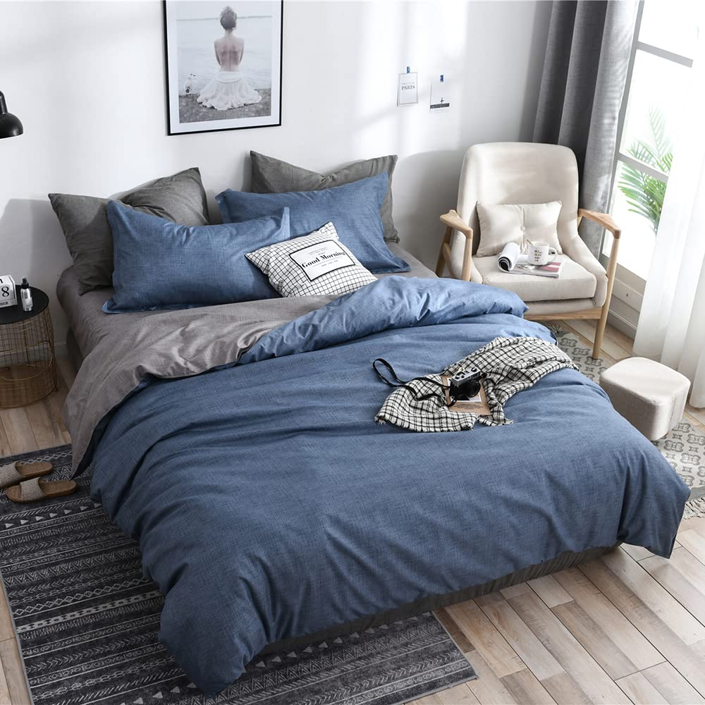 Housse De Couette 220x240 Cm Lapin Rayures Bleue - Parure 3 Pièces Microfibre Douce, Réversible