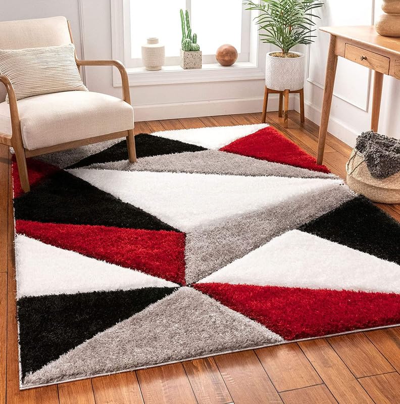 Image of Shaggy Rug for Bedroom Living Room 3X5 FEET Fluffy Plush Area Carpet with Non Slip Backing, Modern Cozy Floor Rug for Home Decor and Comfort (Silver Red Ivory)