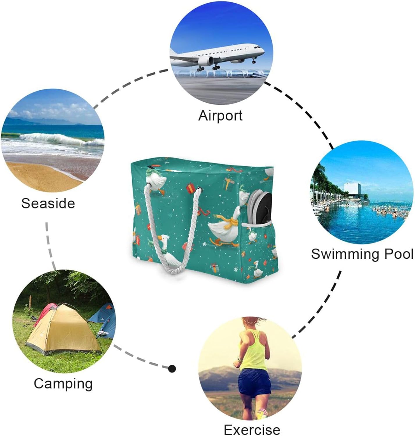 OTVEE Winter Ducks with Scarves Beach Bags for Women Ladies Large Canvas Tote Shoulder Bag Waterproof Travel Bags for Gym Swim Pool Camping