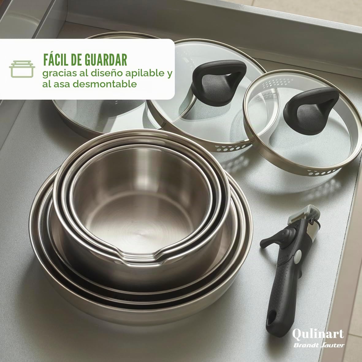 Qulinart by Brandt - Batería de cocina para inducción (10 piezas, 3 sartenes, 3 estufas y 3 tapas, coladores con asa extraíble, acero inoxidable, lote para todo fuego, color plateado