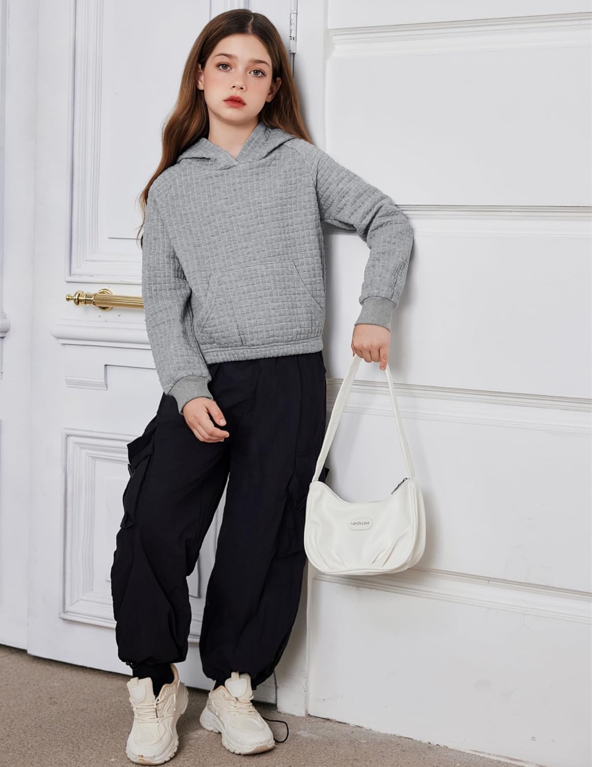 Arshiner Girls 2 Piece Outfit Waffle Knit Pullover Hooded Sweatshirt and Sweatpants Clothing Sets Long Sleeve Tracksuits - Image 7