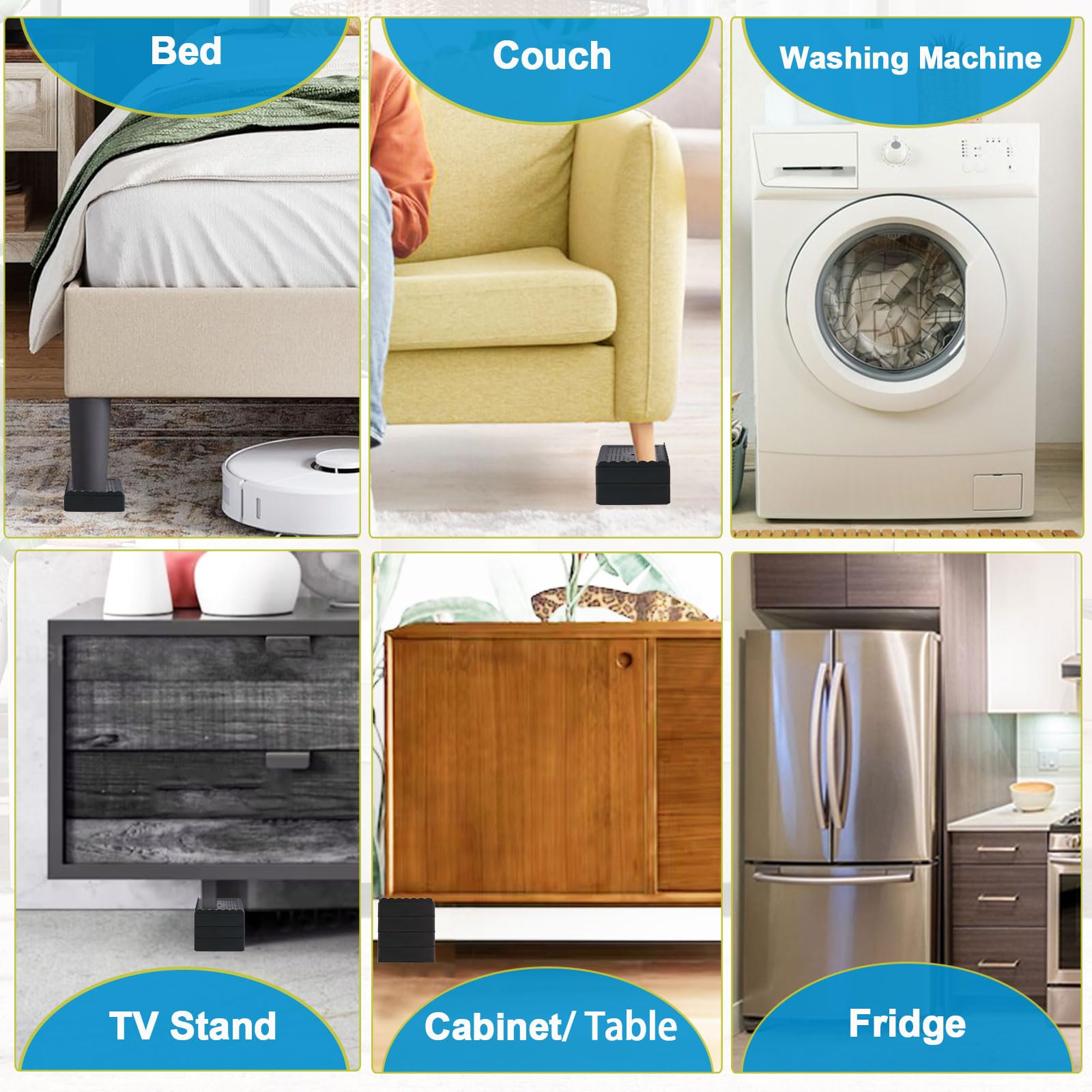 Elevadores de cama de 1, 2, 3 y 4 pulgadas, resistentes, ajustables para mesa, escritorio, sofá, silla, reclinable, marco de patas para dormitorio, bloques apilables (negro, paquete de 4, 1+1+1