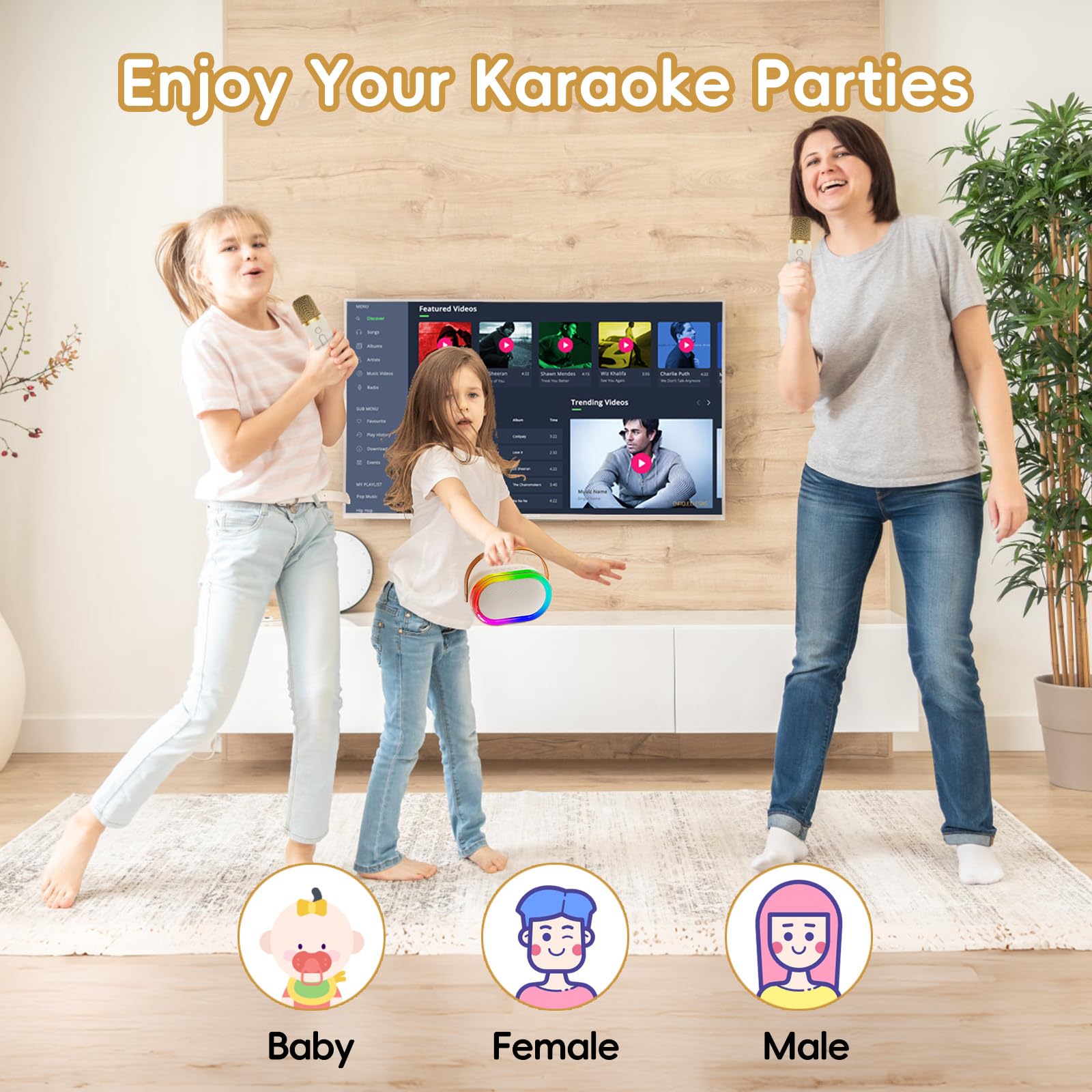 Mini macchina per karaoke HWWR per bambini e adulti, altoparlante Bluetooth portatile con 2 microfoni, supporto per ingresso TF/AUX e 4 divertenti effetti di cambio voce.