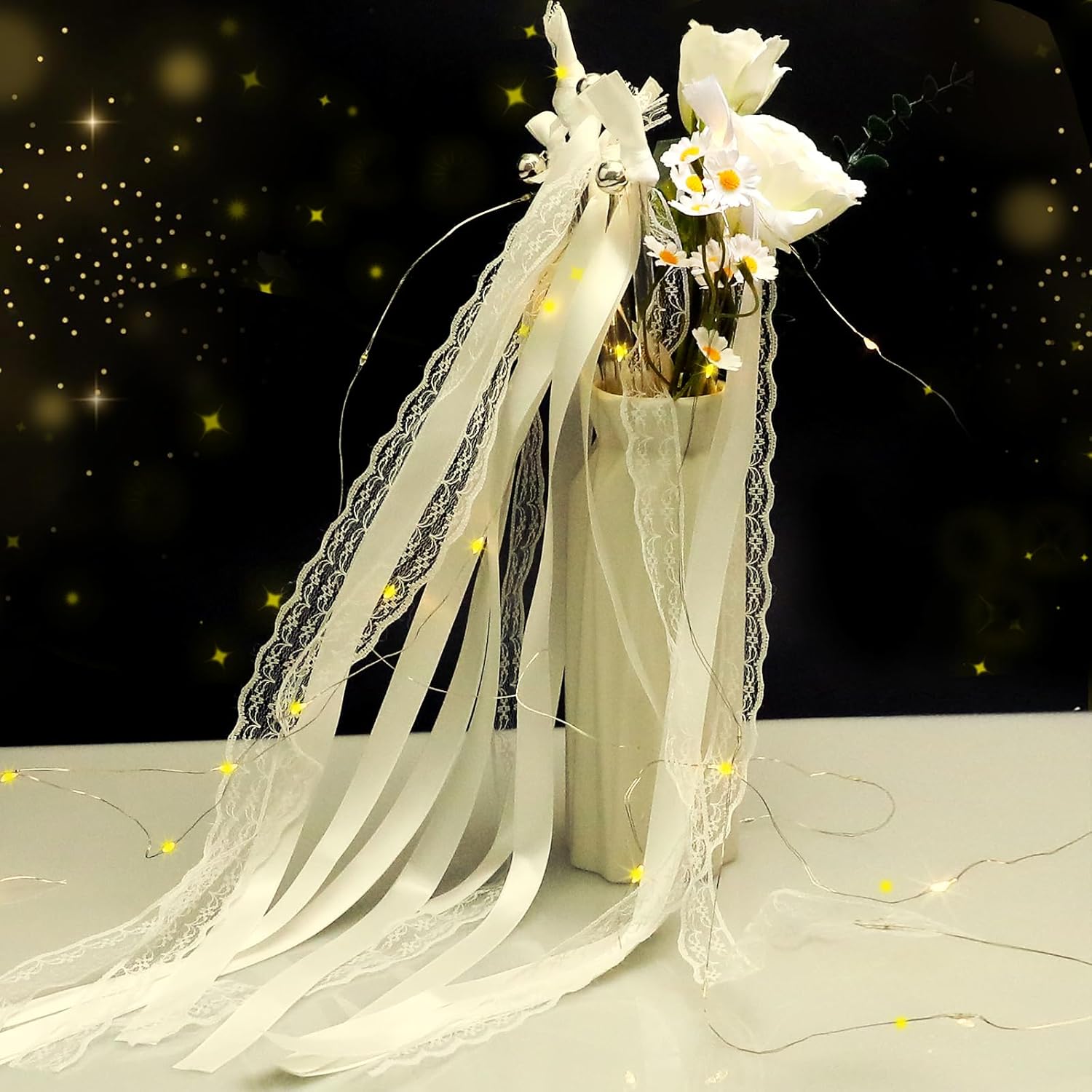 55Pcs Wedding Wands Ribbon Streamers with 3 Colorful Flashing Modes Wedding Streamers Light Up Fairy Ribbon-Wands White Glow Sticks with Bells Lighted Wedding Wands LED Light up Wands for Wedding