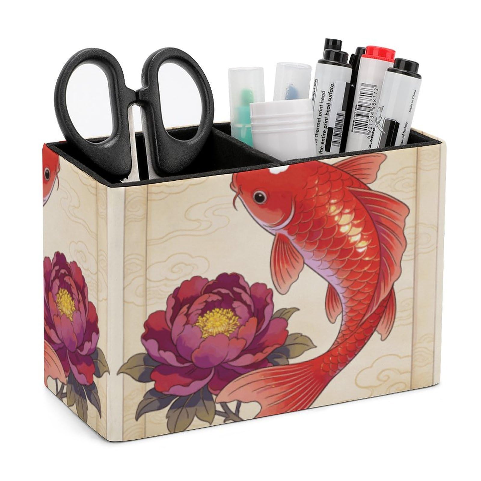 LZQPOEAS Exquisite Patterns PU Leather Pen Holder, Multifunctional Desktop Organizer Caddy with 2 Compartments, Koi Carp Bring Spring Pencil Cup Makeup Brush Holder for Office Home