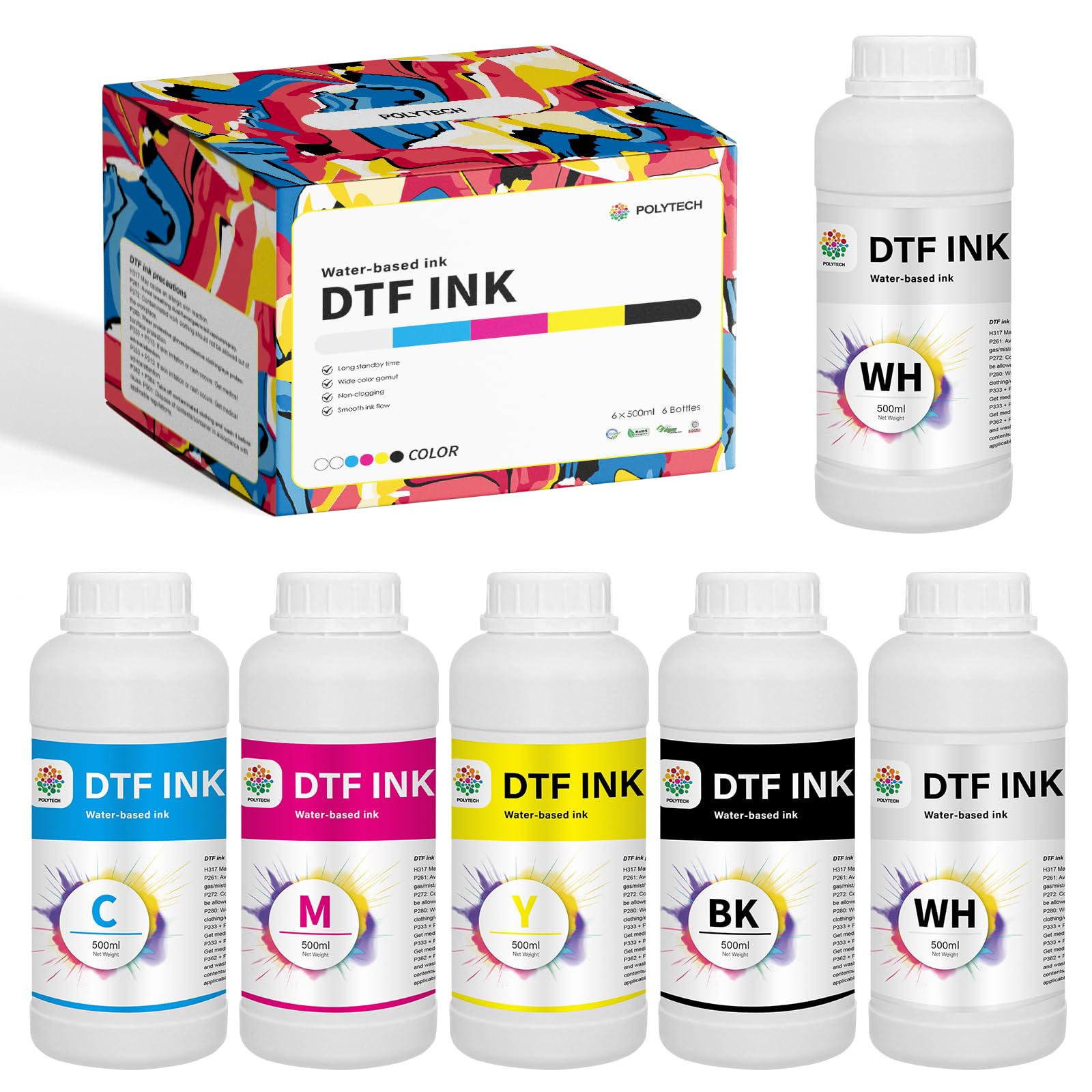 PolytechDTF Ink 6x500ML, Heat Transfer Printing Direct to Film, DTF Transfer Ink for PET Film, High Opacity Refill DTF Ink for Epson Printers ET-8550, XP-15000, L1800, L805, R1390, I3200, XP600