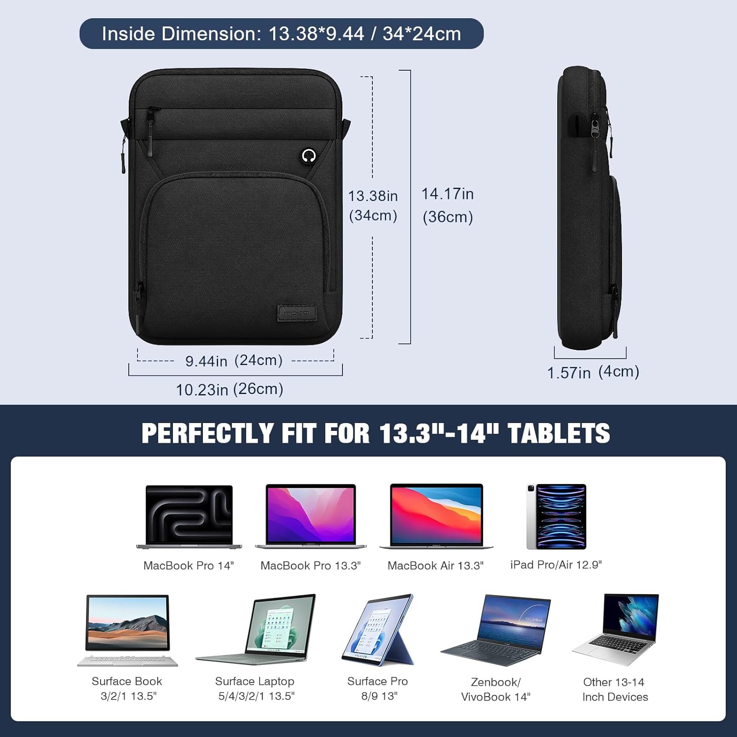 MoKo 13-14 Inch 360° Protective Laptop Sleeve Bag, Fits Mac Neo 13/Air 13/13.3/13.6 Inch, Mac Pro 13/14 Inch, Surface Pro 9/8/10/11 13", Multi Pockets with Shoulder and Headphone Port, Black