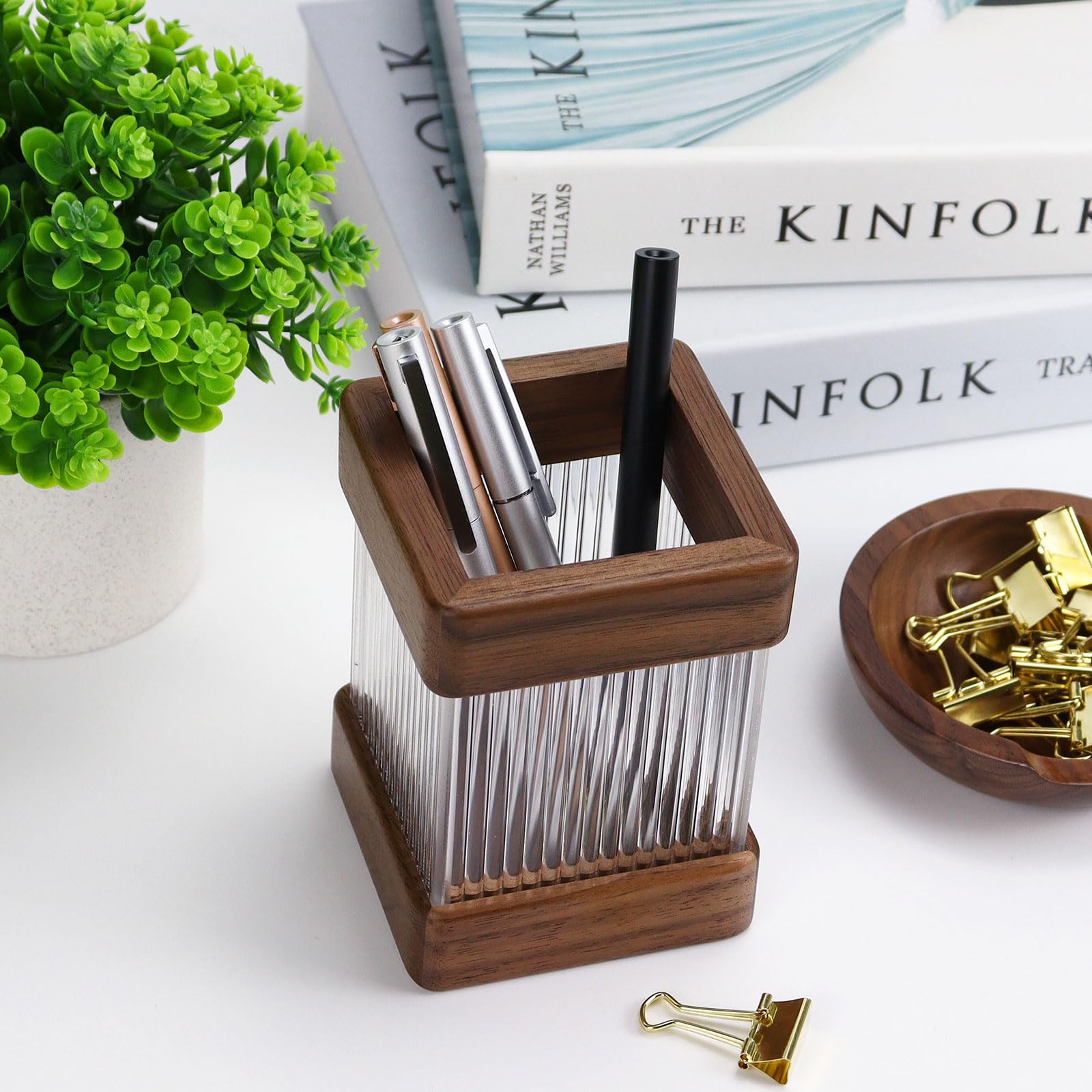 Desk Pen Holder, Aesthetic Acrylic Compartments Pen Pot, Cute Square Pencil Cup, Durable Desktop Office Supply Stationery Organiser, Stylish Home Decor Pen Stand (Walnut Wood) - Image 2