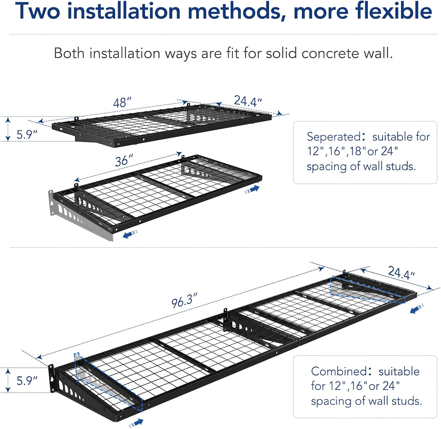 FLEXIMOUNTS 2-Pack 2x4ft Bike Storage Rack Garage Wall Shelves, 24-inch-by-48-inch, Black