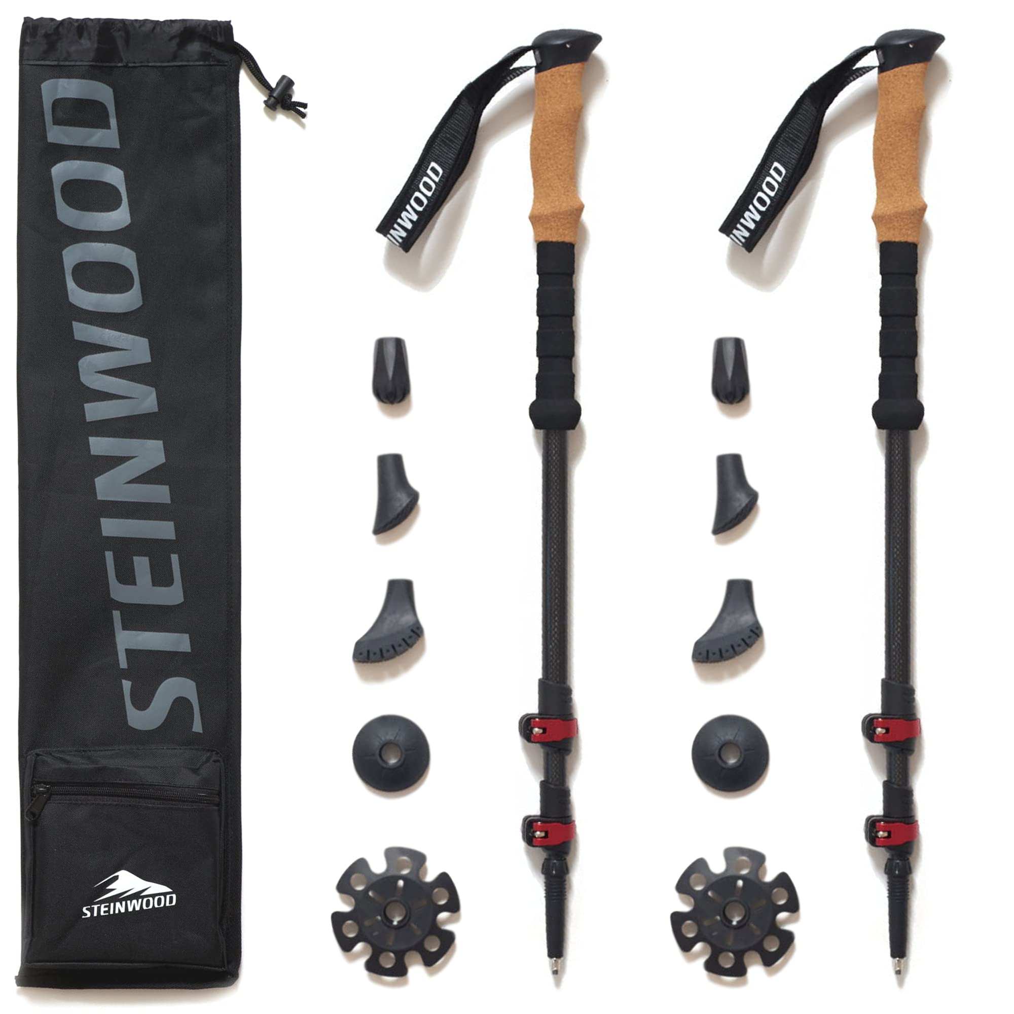 Steinwood Bastones de Senderismo de Carbono prémium, Muy Ligeros, Ajustables con telescópico y Cierre de Pinza con Tope de Goma Extra y Bolsa de Transporte