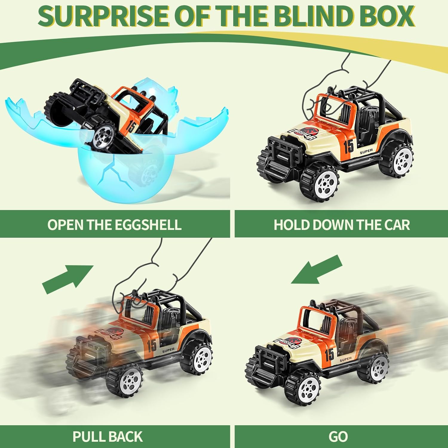 Beby Buty 6 Pack Luminous Easter Eggs with Mini Cars, Includes Off-Road Vehicles, Trucks, and Police Cars, Fun Easter Egg Hunt Toys for Kids Boys Girls 3 4 5 6 7 Years Old