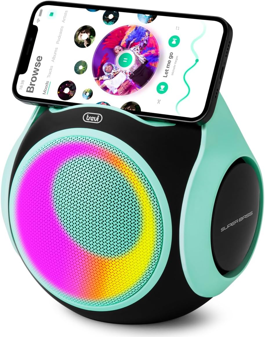 Trevi XR 8A 202 speaker with a smartphone placed on top