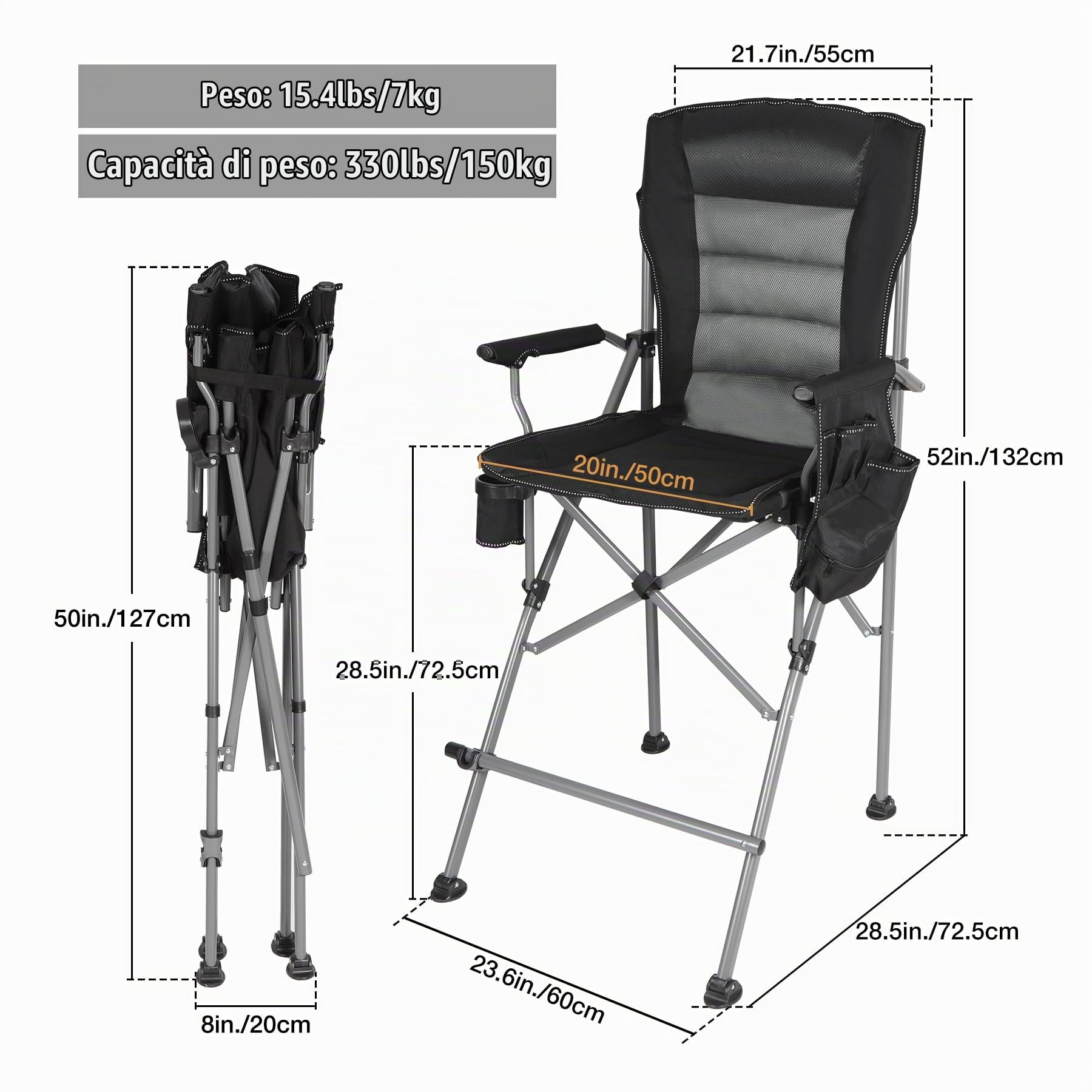 REDCAMP Sedia da regista pieghevole alta con poggiapiedi, capacità 136 kg, nero | Sedia portatile da trucco per artisti con borse laterali, sedia da regista per campeggio, resistente, supporta 136 kg