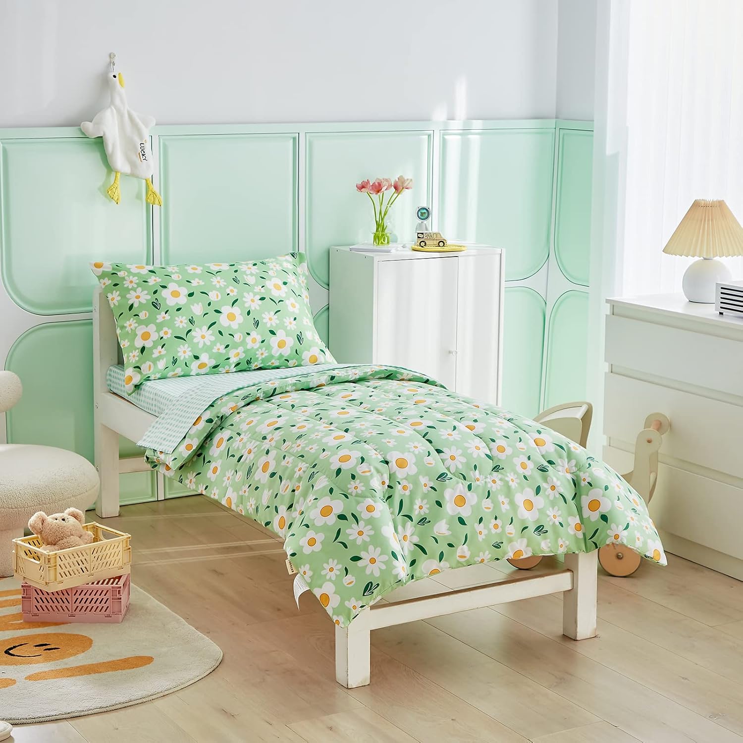 Uozzi Bedding 4 Pieces White Girls Toddler Bedding Set Green Floral Style - Includes Adorable Quilted Flower Comforter, Green Plaid Fitted Sheet, Top Sheet, and Pillow Case for Girls Bed - Image 2