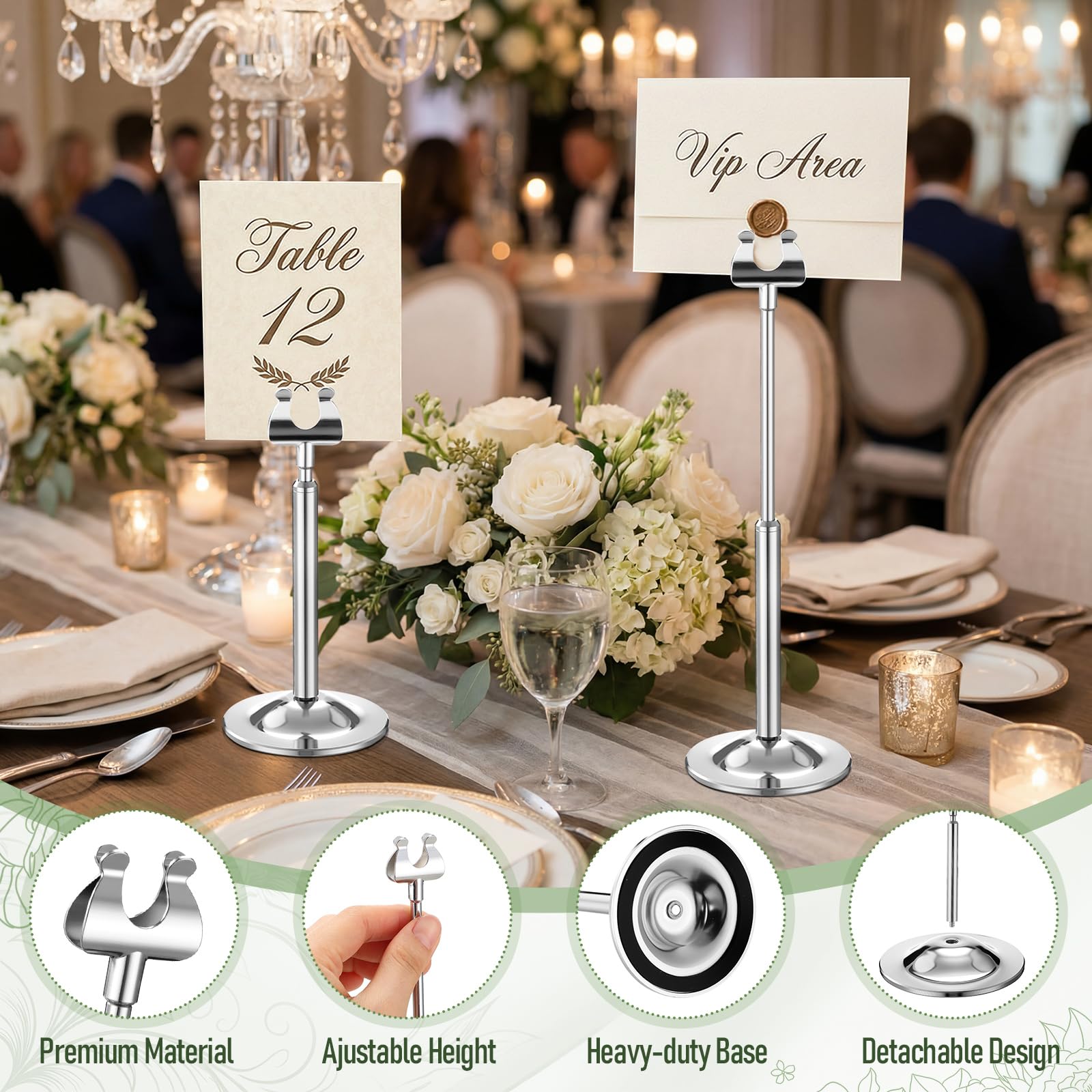 Kathfly Tischnummernhalter, verstellbar, Metall, Harfenclip, Tischschilder, abnehmbarer Kartenhalter für Hochzeiten, Geburtstage, Restaurants, Tischdekoration (12,4 - 18,9 cm)