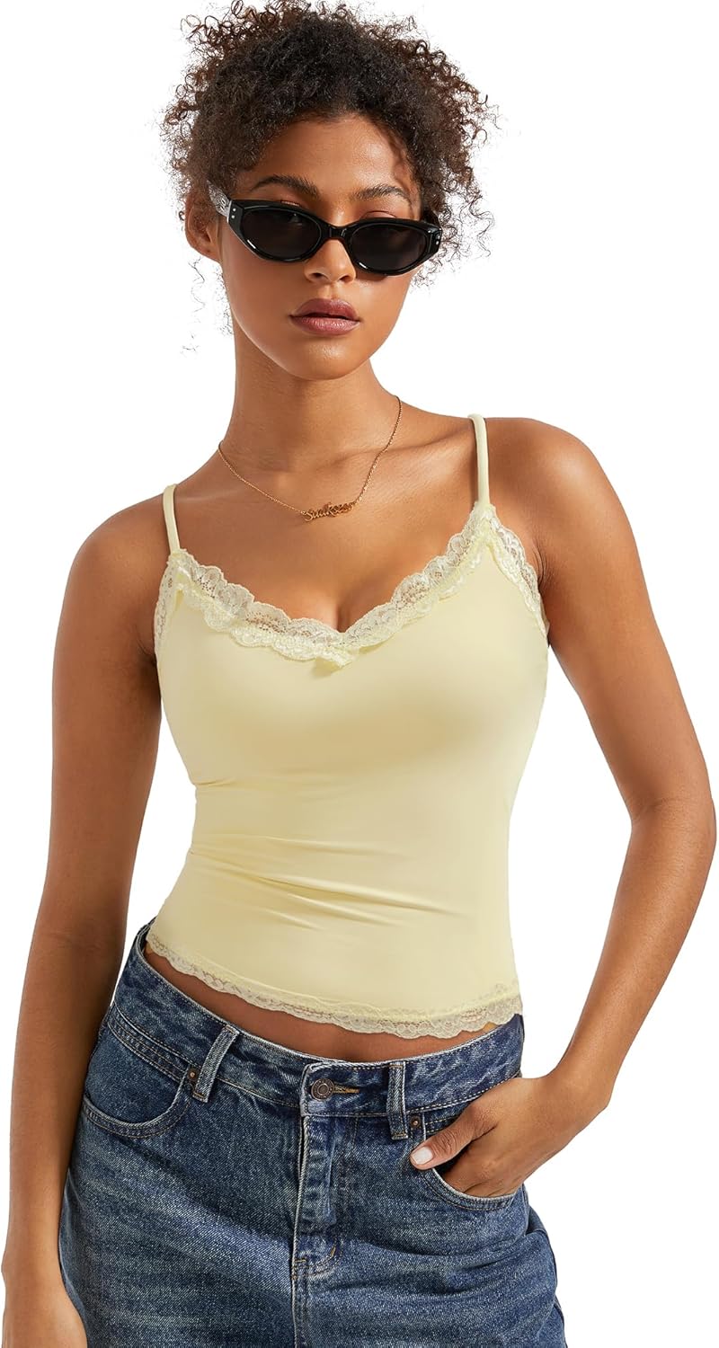 SUUKSESS Women Padded Lace Double Lined Tank Tops Sexy V Neck Summer Going Out Top