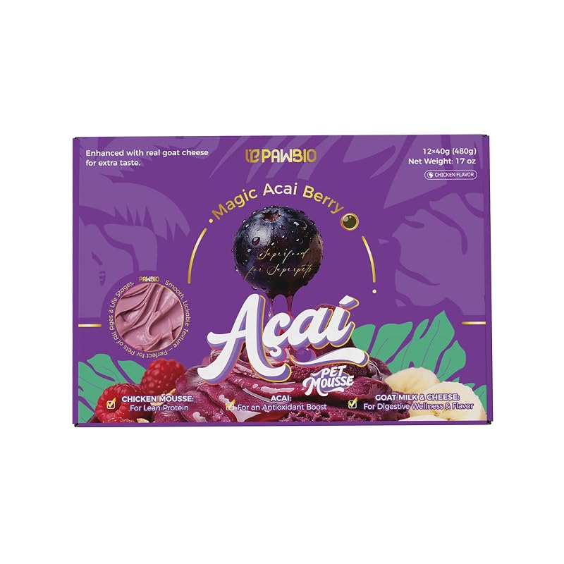 Petisco de Mousse para Cães e Gatos com Açaí, Probióticos e Queijo de Cabra PawBio, Pacote com 12
