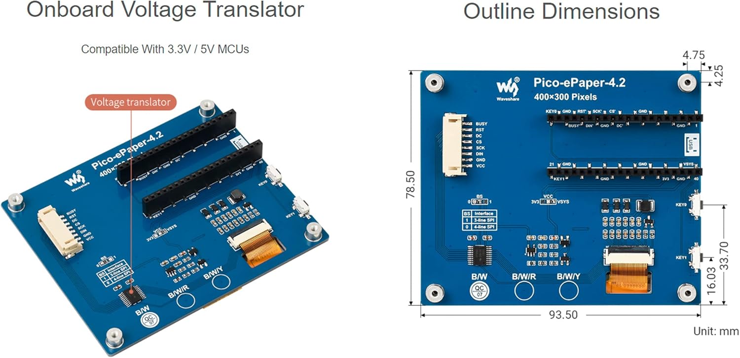 waveshare 4.2inch E-Paper Display Module for Raspberry Pi Pico, 400×300 Resolution E-Ink Screen, Black/White Two-Color, 4 Grayscale, SPI Interface, Low Power, Wide Viewing Angle