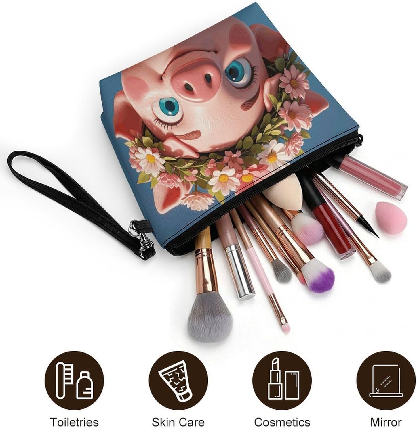 Cute Piglet with Wreath Decoration Travel Makeup Bag Large Capacity image 5