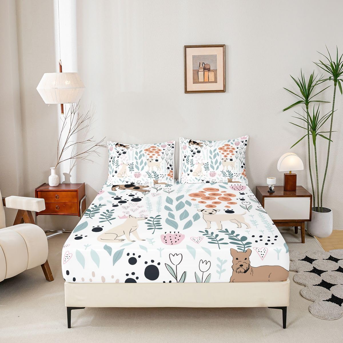 Erosebridal Kawaii Dog Bedding Set,Cartoon Puppy Dog Fitted Sheet Queen,Cute Love Heart Leaf Floral Bed Sheets for Kids Girls Boys,Paw Print Pet Animals Bed Set with 2 Pillow Cases
