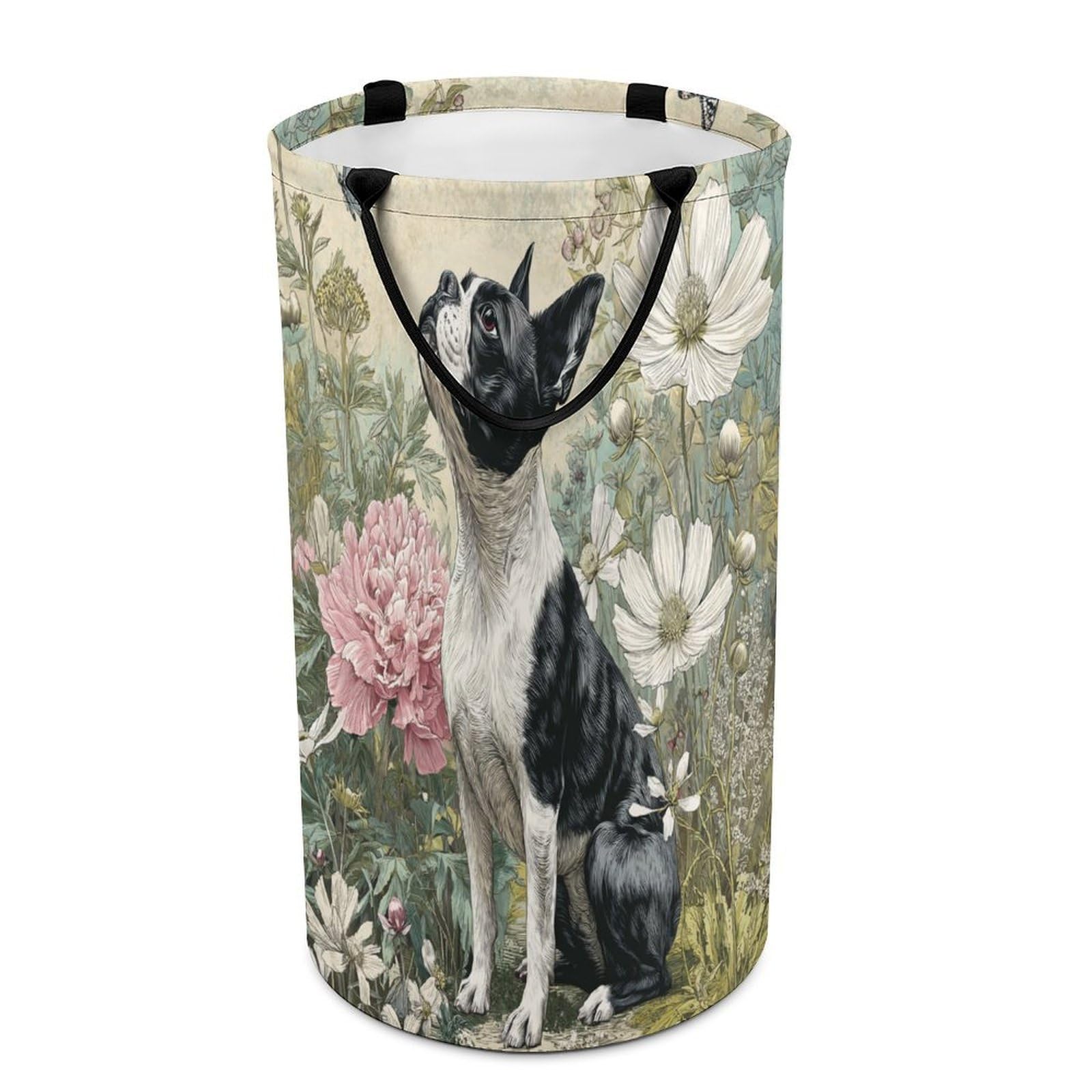 LUYYSKY Beautiful Abstract Cute Dog Collapsible Dirty Clothes Basket, Vintage Realistic Spring Floral Animal Puppies Butterflies Portable Clothes Storage Basket