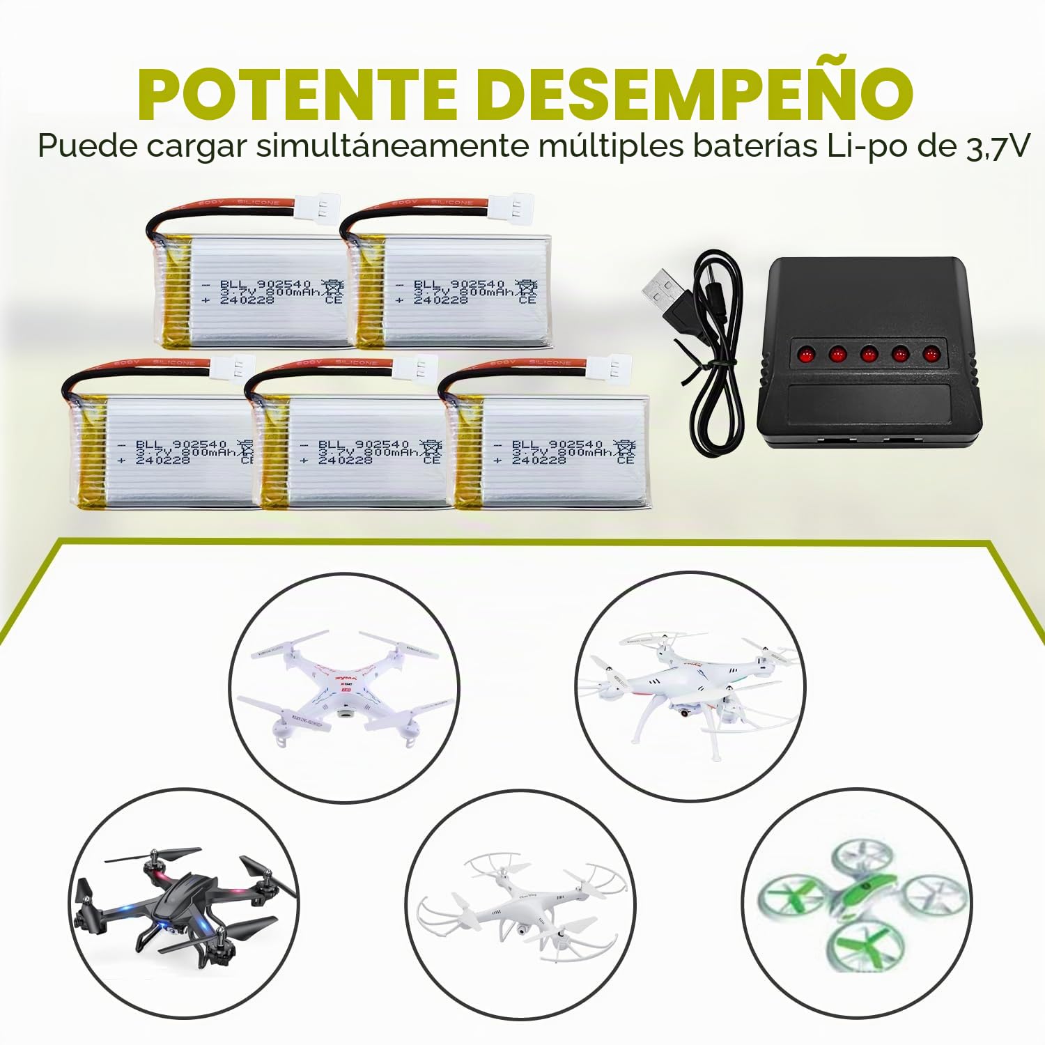5pcs 3.7V 800mAh litiobatería con 5en1 Cargador para MJX X708 X709 X708W U45 U42 U45W U42W E32HW Syma X5c X5A X5SC X5SW H5C V931 S5C S5W SS40 FQ36 T32 T5W H42 Cuadricóptero RC Drone Batería BLLRC