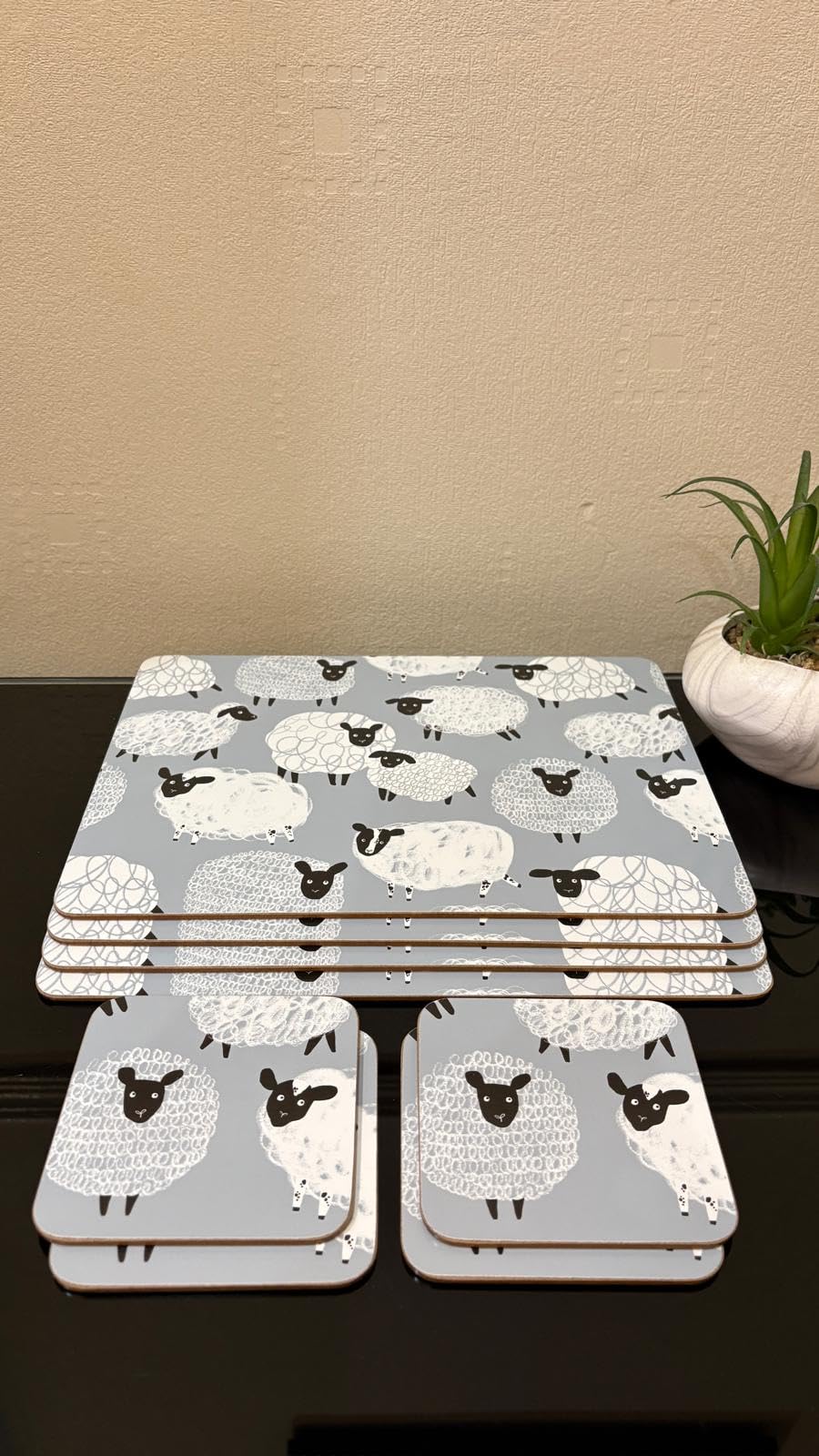 Sheep Placemats and Coasters Set of 8 – Grey Farmhouse Animal Table Mats with Non-Slip Cork Backing – Premium Heat Resistant Large Dining Mats