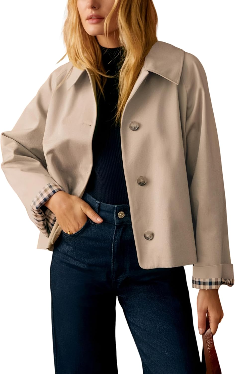 Dqbeng Womens Cropped Trench Coat Classic Collar Oversized Casual Jackets with Checkered Lining