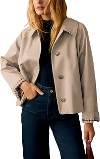 Womens Cropped Trench Coat Classic Collar Oversized Casual Jackets with Checkered Lining